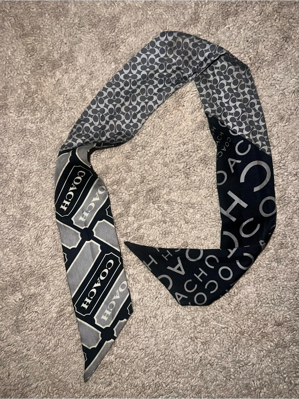 Coach Signature Logo Silk Skinny Scarf Bag Scarf Black and Gray